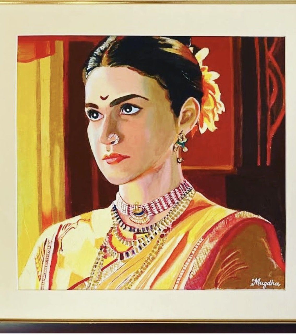 Painted portrait of a woman in traditional Maharashtrian dress, with a nath nose ring, gold necklaces, a yellow sari and flowers in her hair